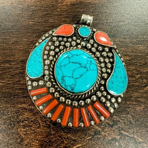 Turquoise and Coral Tibetan Silver Pendant - Picture 5 of 5
